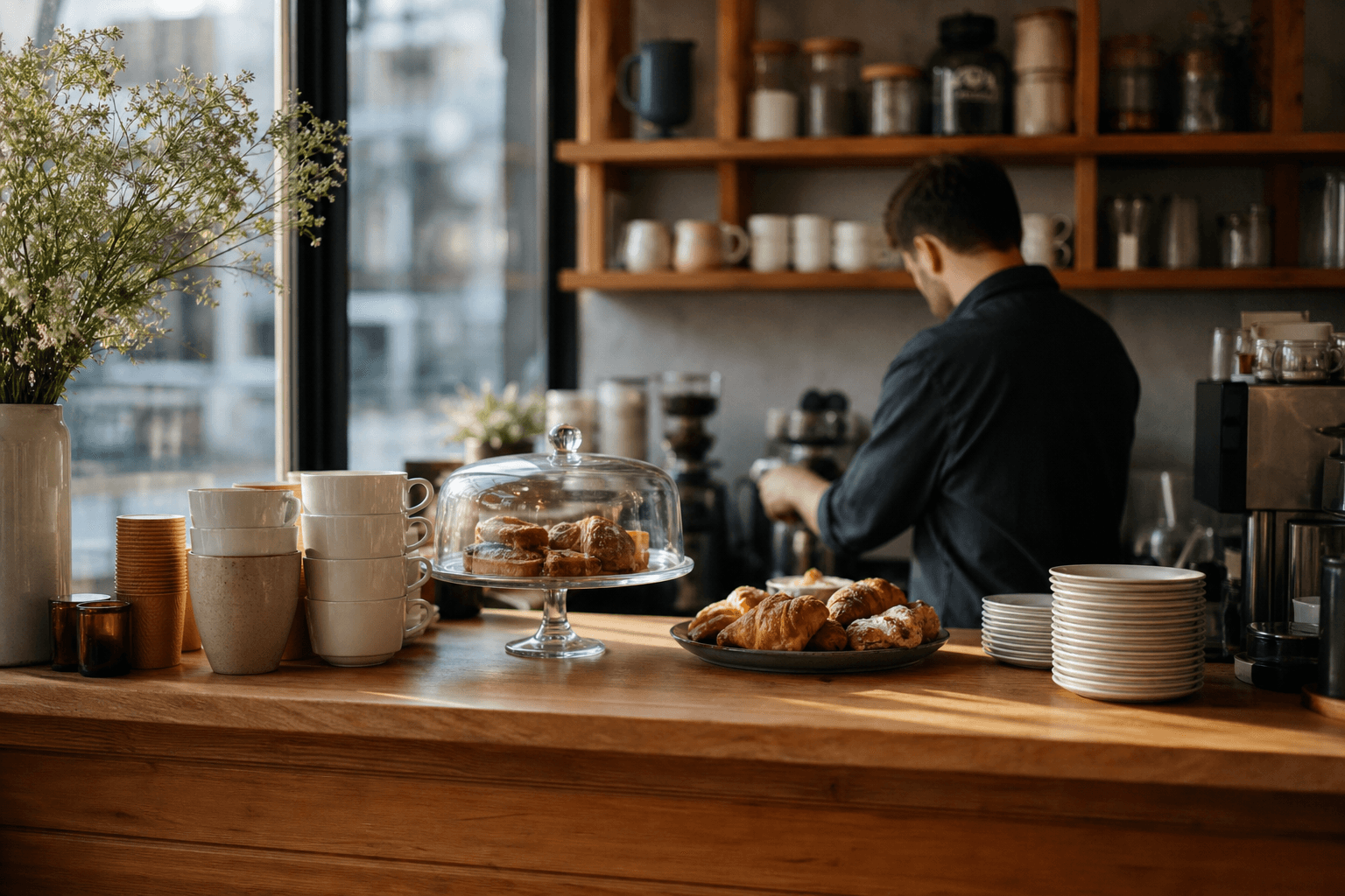 Cafe counter with coffee and pastries